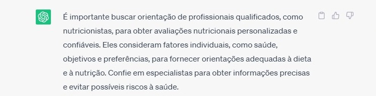Reposta do ChatGPT sobre as pessoas procurarem sua plataforma ao invés de procurar profissionais habilitados