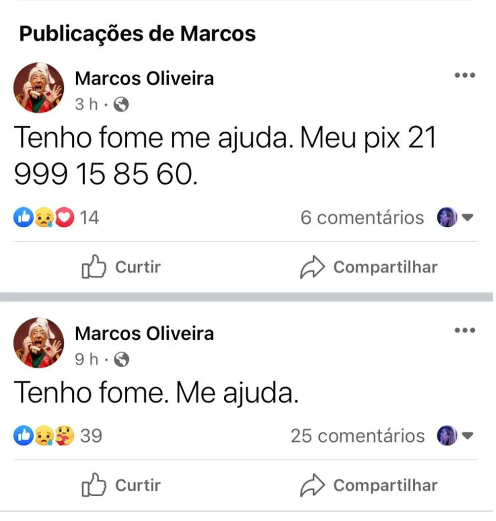 Marcos Oliveira pede ajuda financeira no Facebook